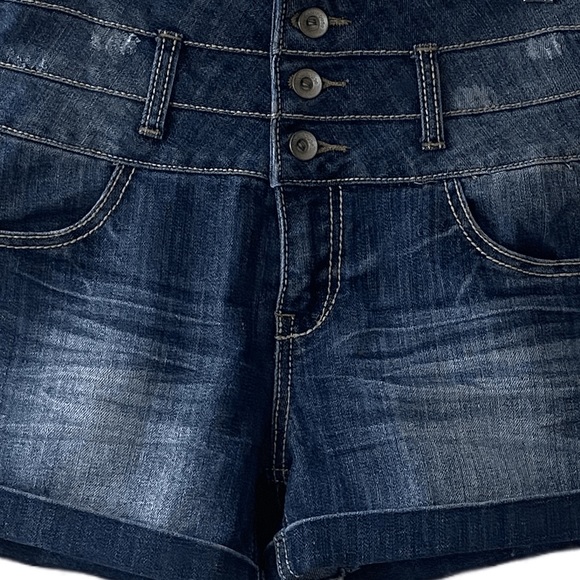 High Rise Blue Jean Shorts Denim Cuffed Hem 3 Button Cute Sexy Fit Dollhouse - Picture 13 of 16